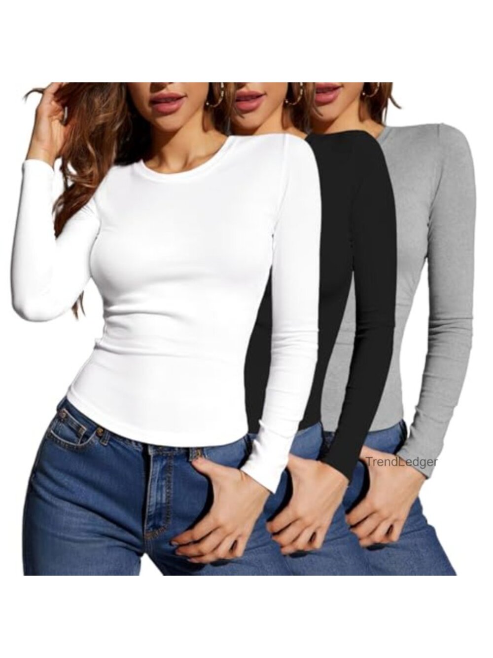 Slim Fit Long Sleeve Crew Neck T-Shirt 3 Pack Basic Tee Top Stretch